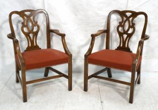 Appraisal: Pr Baker FurniturePierced Carved Slat Arm Chairs Rose diamond upholstery