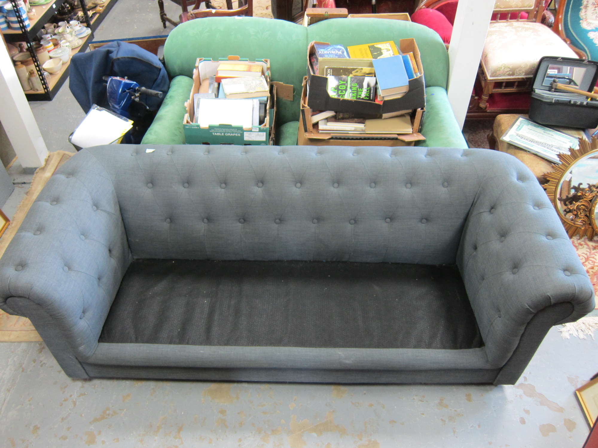 Appraisal: Grey chesterfield sofa