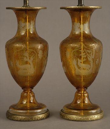 Appraisal: Pair of Bohemian Amber-Flashed and Engraved Glass Vases Mounted as