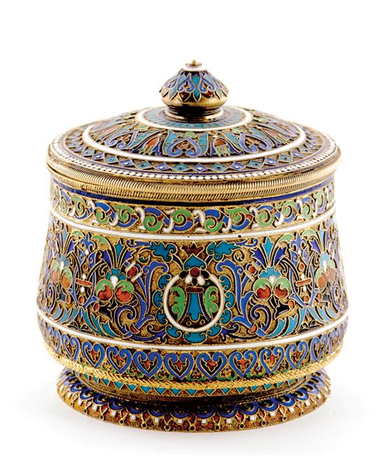 Appraisal: Russian silver-gilt and enamel covered box Moscow circa squat baluster