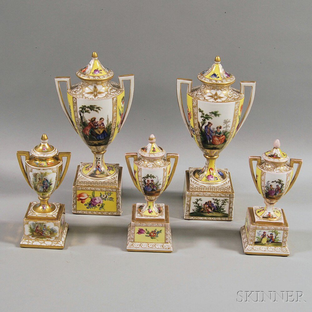 Appraisal: Five Vienna Porcelain Covered Urns th th century two pairs