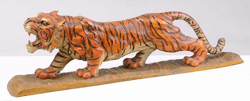 Appraisal: Asian Carved Wood Polychrome Tiger th century glass inset eyes