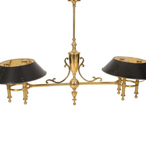 Appraisal: A Brass Billiard Lamp with Tole Shades th Century Height