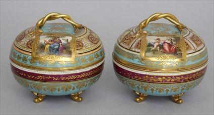 Appraisal: PAIR OF DRESDEN TURQUOISE-GROUND PORCELAIN FIGURE-DECORATED JARS AND COVERS Of