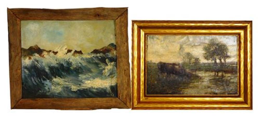 Appraisal: Two oil paintings the first oil on board seascape depicting