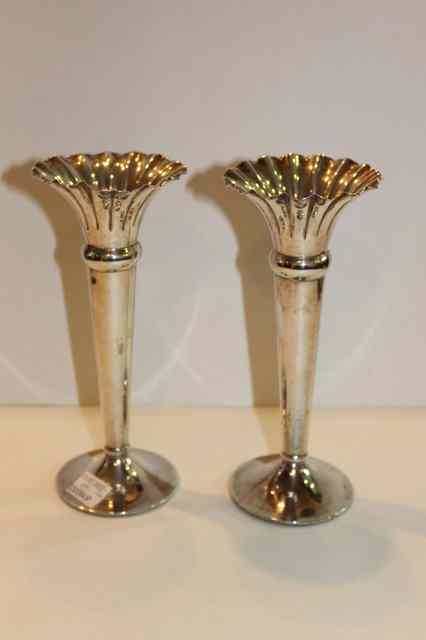 Appraisal: A PAIR OF SILVER ROSE VASES of tapering cylindrical form