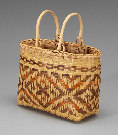 Appraisal: Cherokee river cane shopping basket two hinged bentwood oak handles