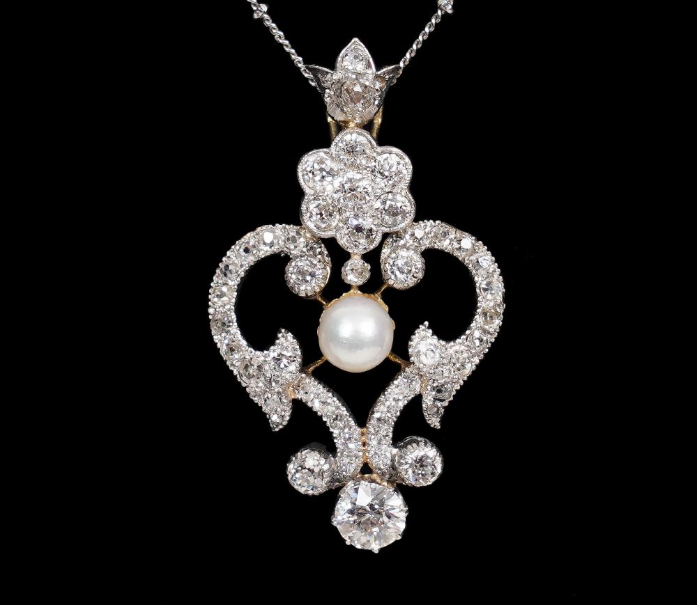 Appraisal: ANTIQUE EDWARDIAN DIAMOND PEARL K NECKLACEAntique Edwardian diamond pearl K