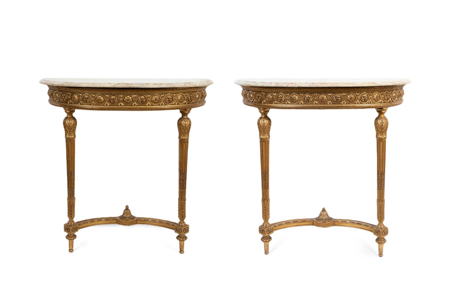 Appraisal: PR ITALIAN MARBLE TOP GILTWOOD DEMILUNE TABLES Italian pair of