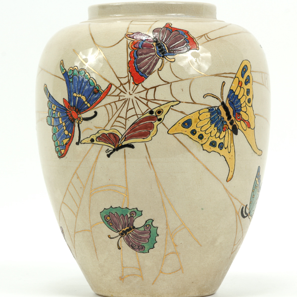 Appraisal: American China Painters Satsuma Butterfly and Spiderweb porcelain vase Signed