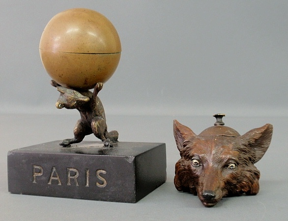 Appraisal: - Bronze fox and orb form inkwell mounted on a