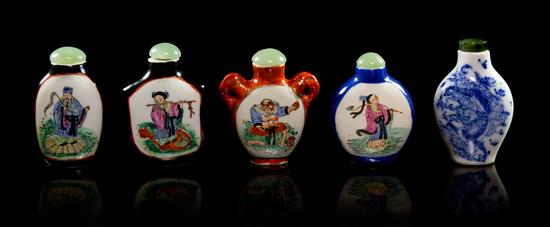 Appraisal: Sale Lot Five Porcelain Snuff Bottles four examples depicting immortals