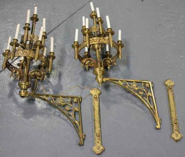 Appraisal: Pair of Large Brass Bronze Gothic Revival WallSconces From a