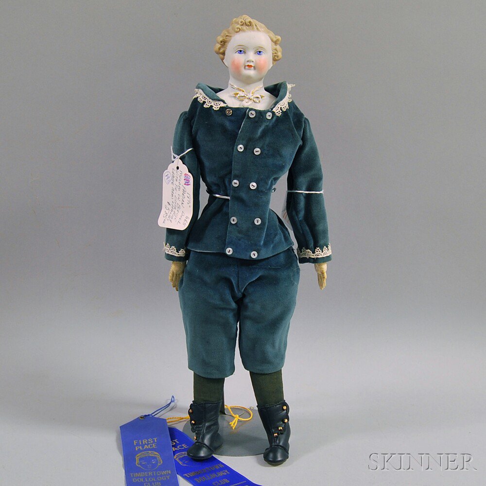 Appraisal: Blonde Parian Shoulder Head Gentleman Doll blue painted eyes short