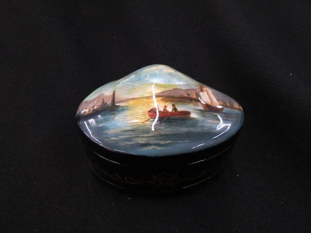 Appraisal: Russian Lacquerware Box abalone shell inlaid top harbor scene inside