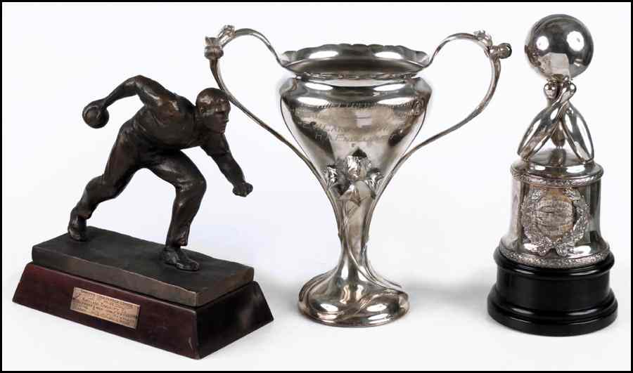 Appraisal: TWO SILVERPLATE BOWLING TROPHIES Together with another bowling trophy Tallest