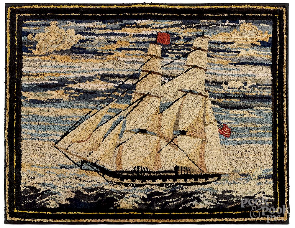 Appraisal: Hooked rug with an American ship Hooked rug ca with