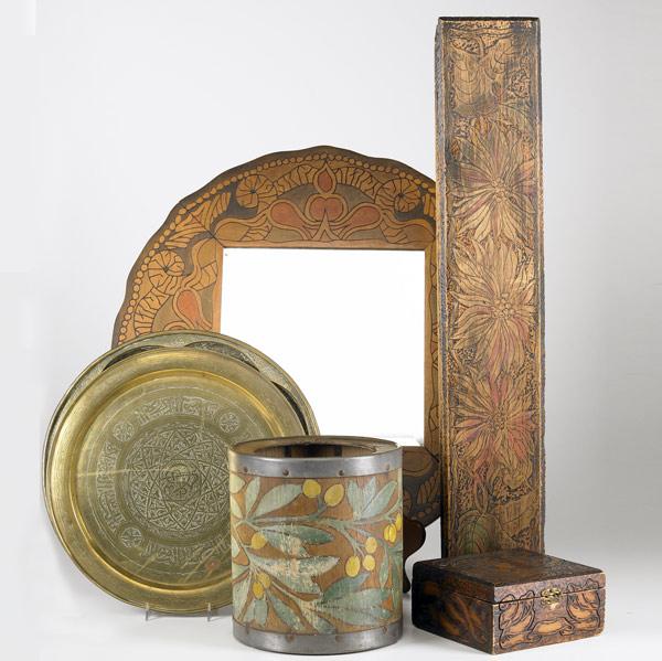 Appraisal: PYROGRAPHY DECORATIVE ITEMS Six items includes two boxes one rectangular