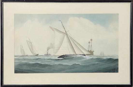 Appraisal: British school th century RACING SAILING YACHTS watercolor framed initialed