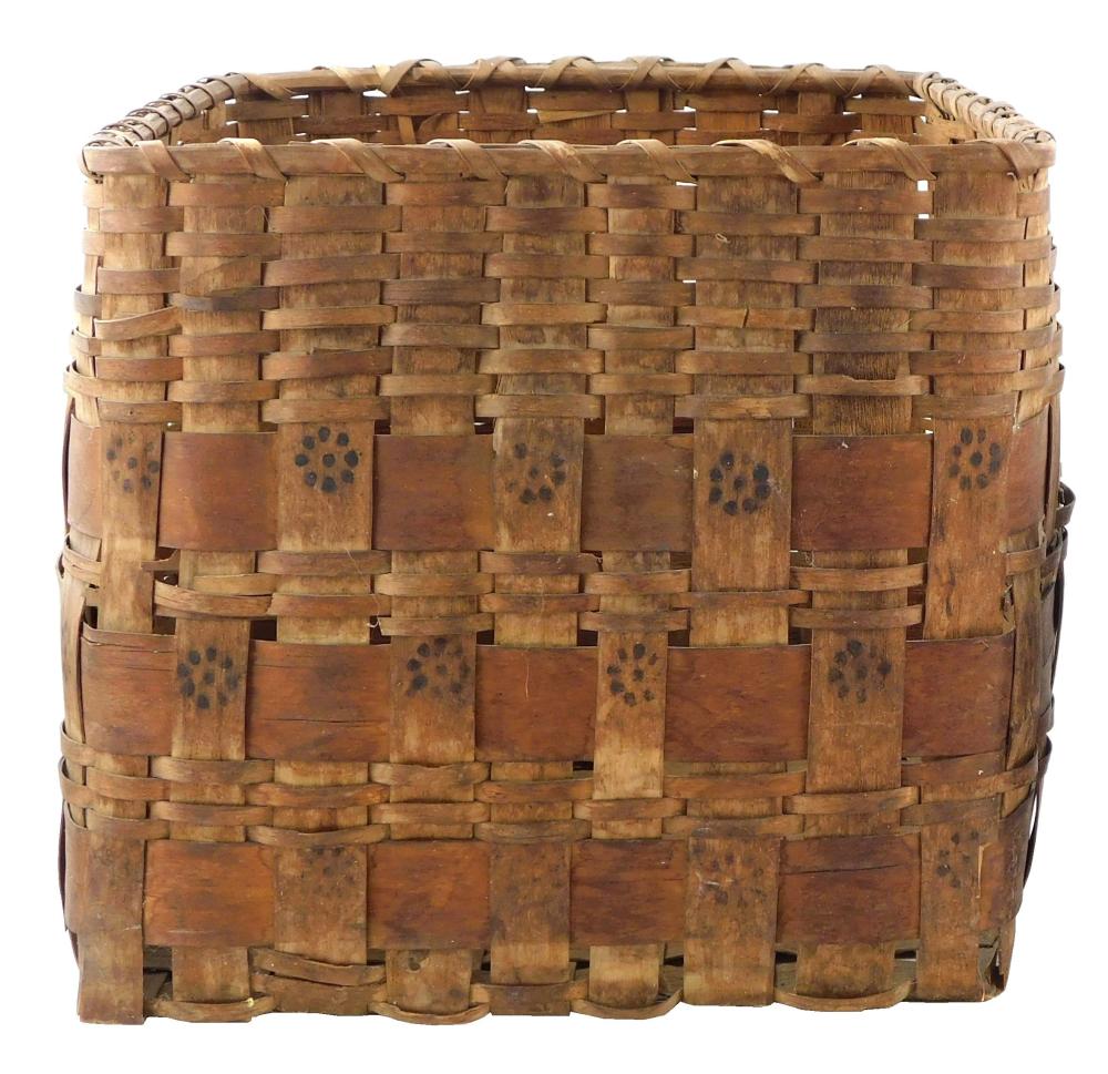 Appraisal: Large square Native American stamped splint basket New England th