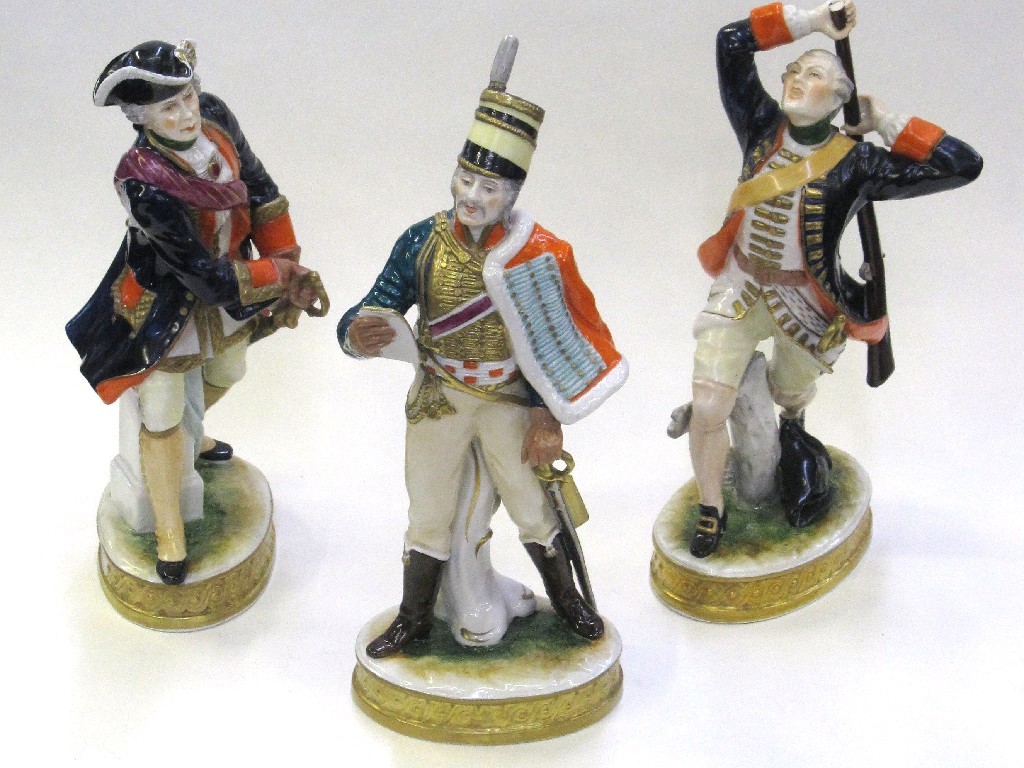 Appraisal: Three Sitzendorf porcelain figures of soldiers to include Offizier Offizier