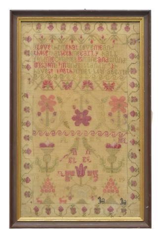 Appraisal: Framed needlepoint sampler on linen Jennet Low age inscription from