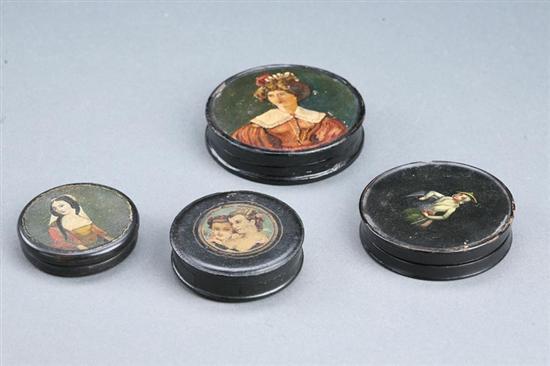 Appraisal: FOUR DECORATED SNUFF BOXES European th century lacquered papier mache