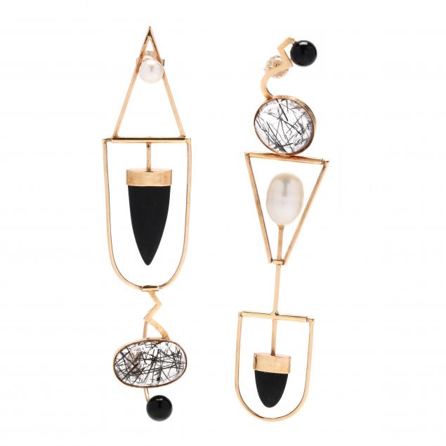 Appraisal: Gold and Gem-Set Earrings Jewelsmith In a long asymmetrical and