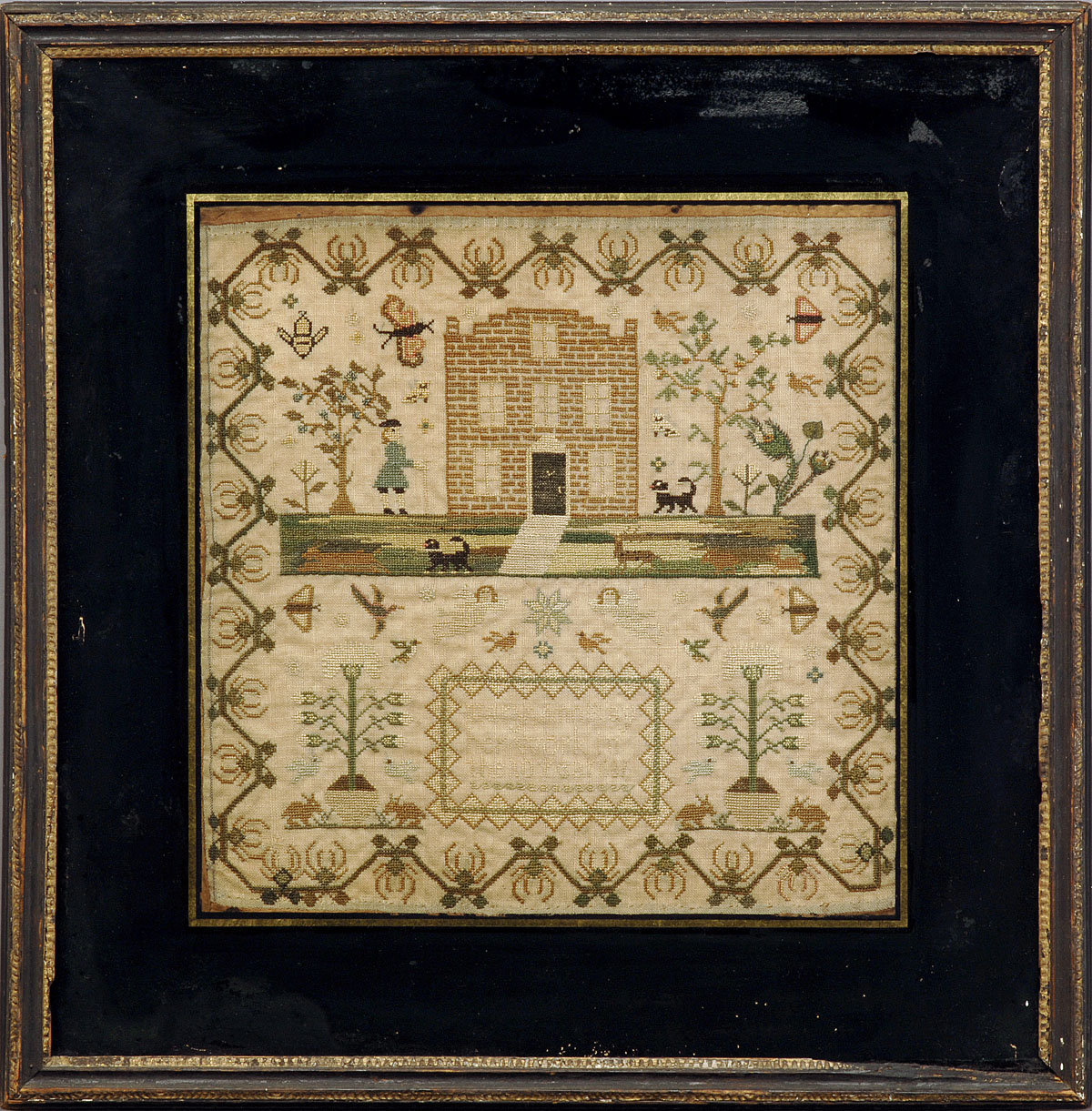 Appraisal: MARY ANNE RAY'S NEEDLEWORK SAMPLER WITH BRICK BUILDING FIGURE AND