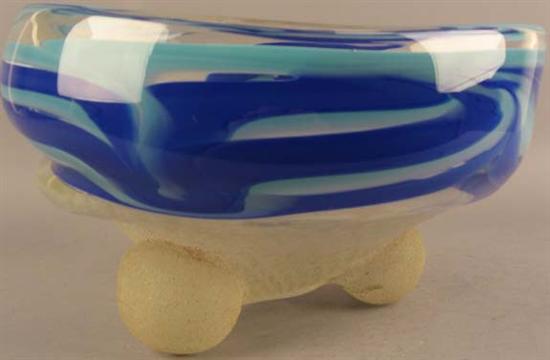 Appraisal: Three-footed Art Glass Bowl with turquoise and blue swirl Heavy