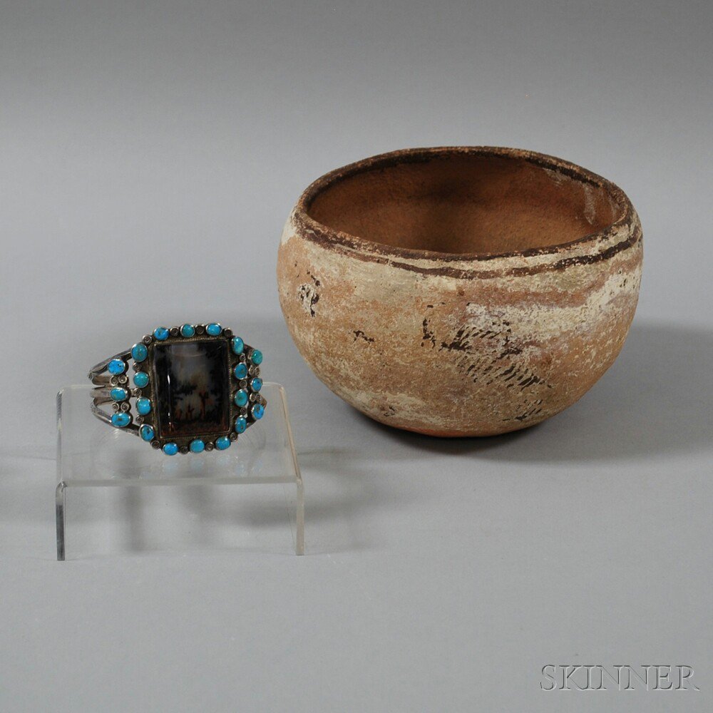 Appraisal: Sterling Silver Turquoise and Agate Navajo Cuff and a Clay