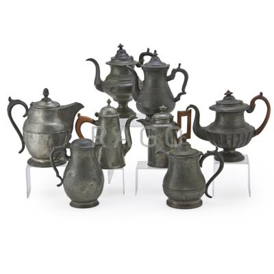 Appraisal: AMERICAN PEWTER COFFEE POTS AND WATER JUGS Eight th c