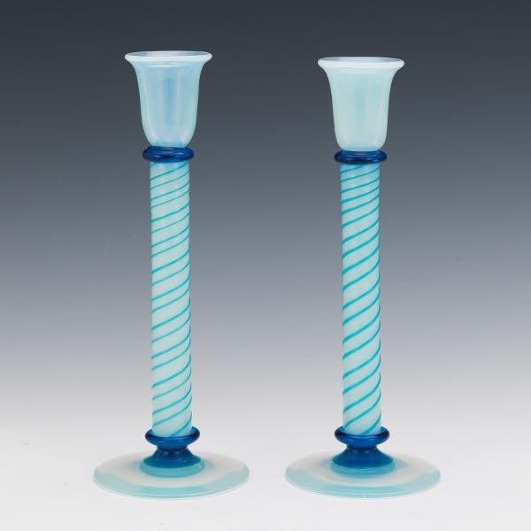 Appraisal: PAIR OF FRY OPALESCENT FOVAL ART GLASS CANDLESTICKS x Pair