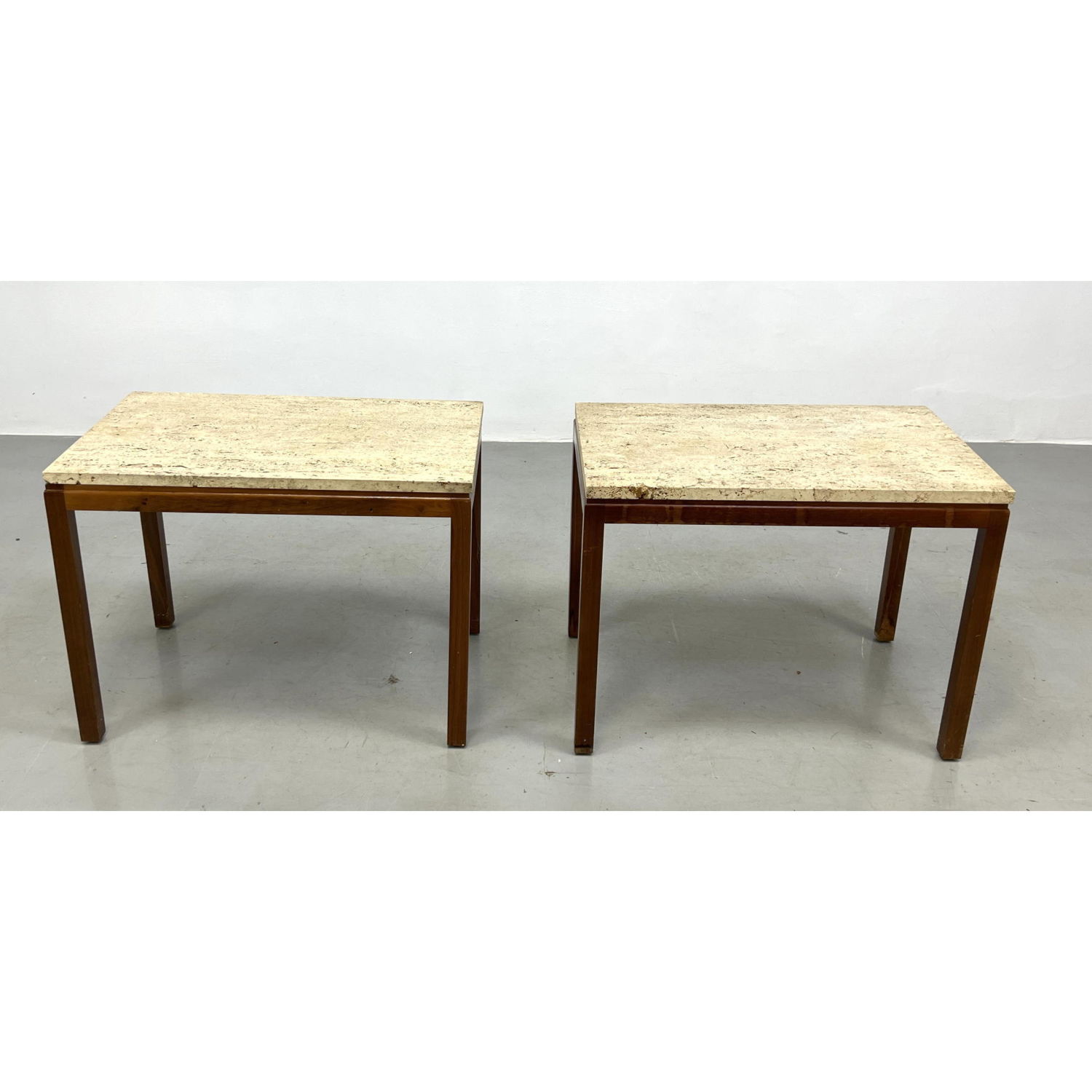 Appraisal: Pr American Modern Walnut Travertine Marble Tables Walnut Frame Side