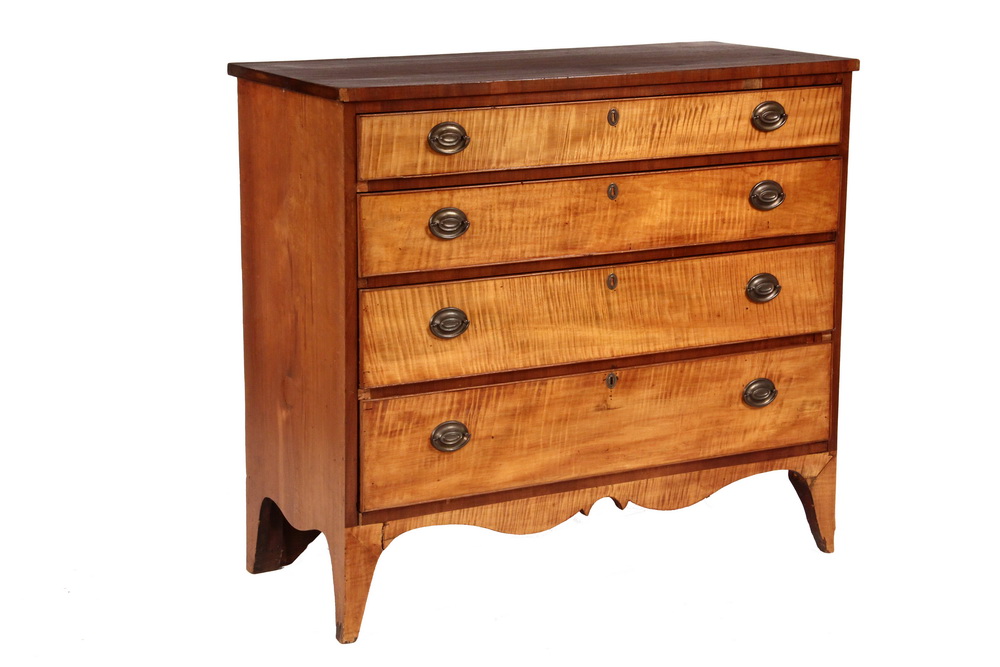 Appraisal: HEPPLEWHITE DRESSER - Four Drawer Period Tiger Maple Front Dresser