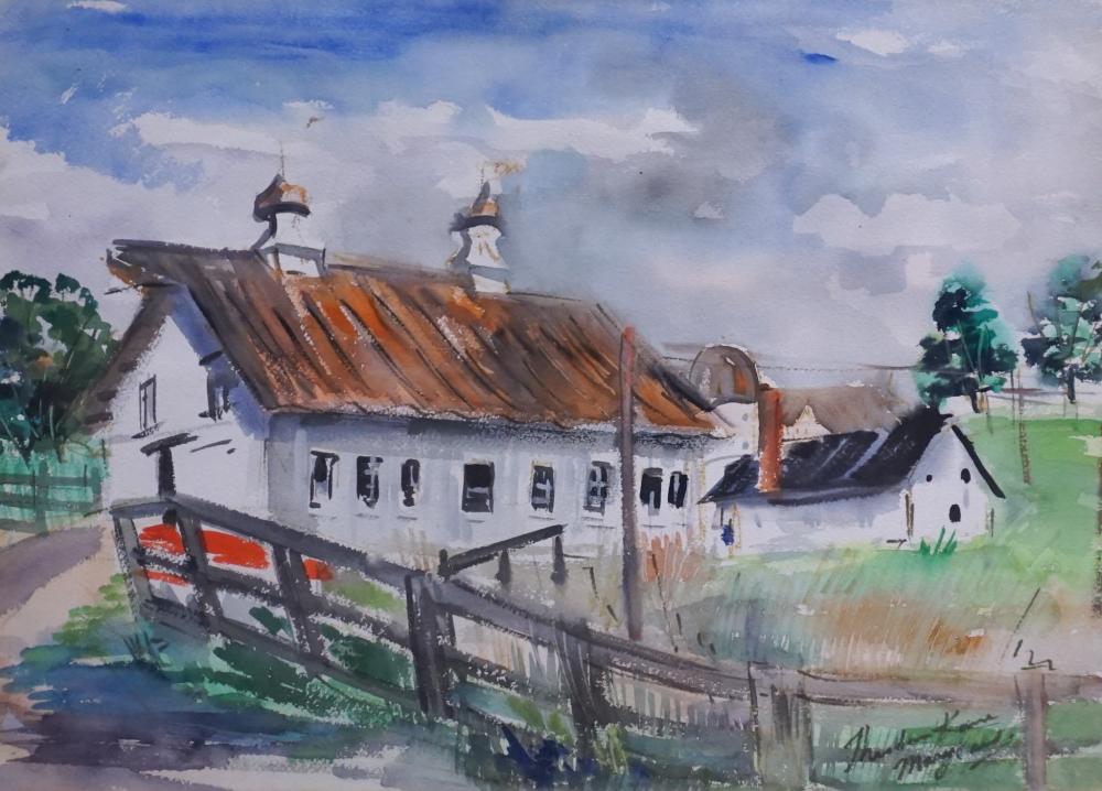 Appraisal: THEODORA KANE MARYLAND - WHITE BARN AND YARD WATERCOLOR ON