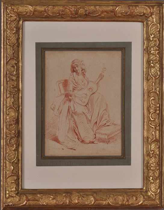 Appraisal: FRENCH SCHOOL SEATED WOMAN WITH GUITAR Sepia chalk on paper