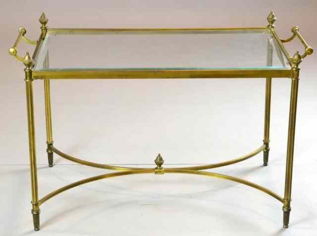 Appraisal: Regency Style Brass Coffee Table With Beveled GlasWith acorn finials