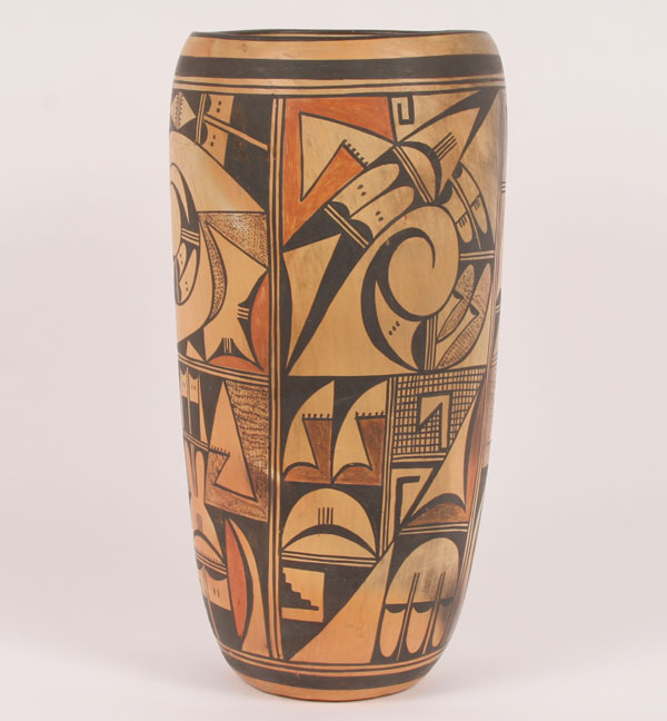 Appraisal: Hopi polychrome cylindrical pottery vase with geometric designs signed Navaquavi