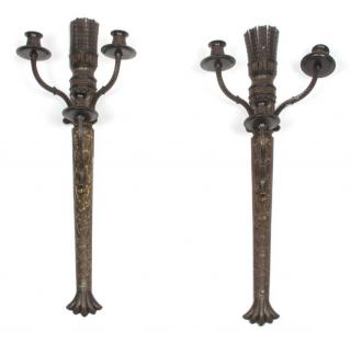 Appraisal: A Pair of Metal Three-Light Sconces TH CENTURY each engraved