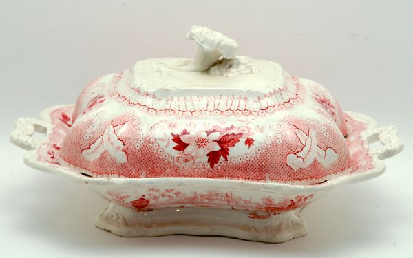 Appraisal: Transferware covered dish in red Stamped under base in cartouche