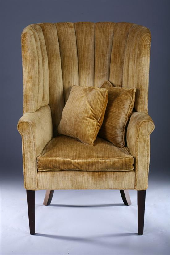 Appraisal: FEDERAL STYLE CHANNEL-BACK UPHOLSTERED EASY CHAIR th Century Gold striped