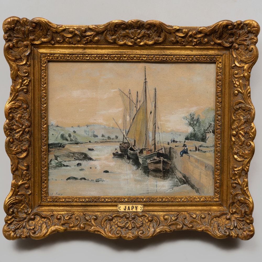 Appraisal: Louis-Aim Japy - Boats Beside an Embankment Watercolor and pencil