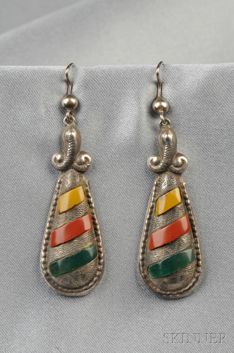 Appraisal: Antique Silver and Scottish Agate Earpendants each drop set with