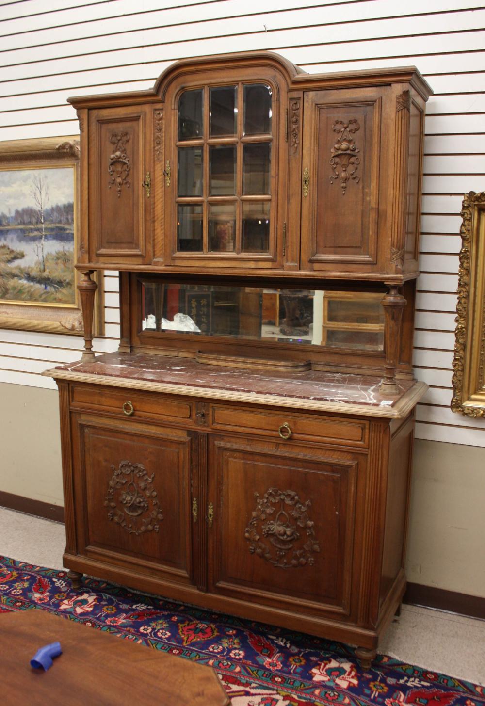 Appraisal: LOUIS XVI STYLE WALNUT MARBLE-TOP SIDEBOARD French c featuring two