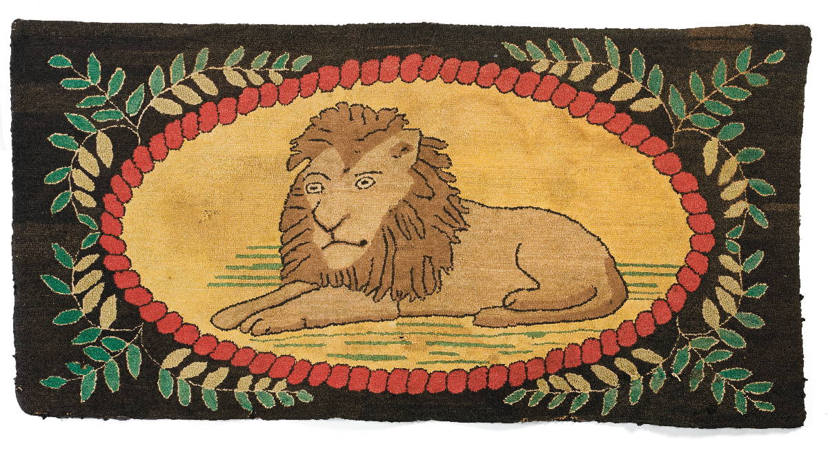 Appraisal: AMERICAN HOOKED RUG DEPICTING A RECUMBANT LION PROBABLY EBENEZER ROSS