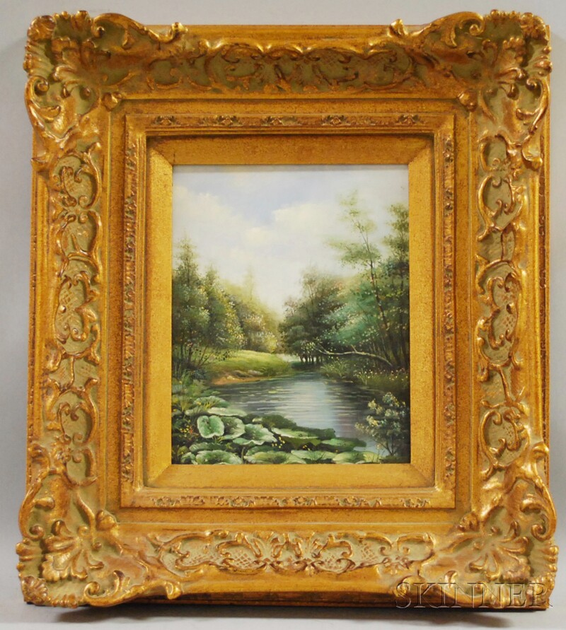 Appraisal: th Century American School Oil on Board Landscape with Pond