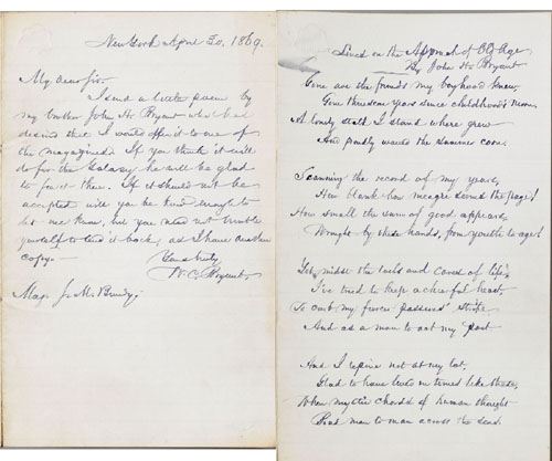 Appraisal: William Cullen Bryant handwritten and signed letter dated in which