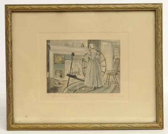 Appraisal: Hand colored print ''The Spinning Wheel'' signed ''M Panini'' Sight