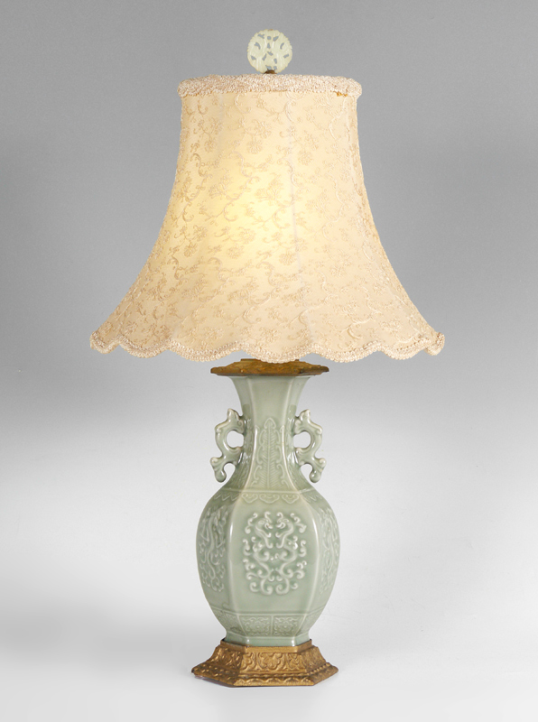 Appraisal: CHINESE CELADON LAMP Celadon earthenware vase converted to light with